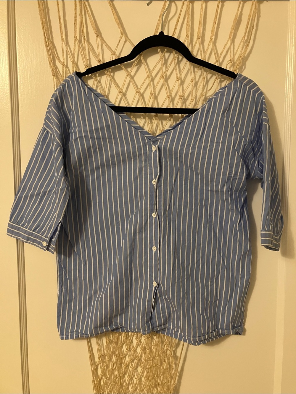 Fashion Nova Blue and White Vertical Stripe Button-Down Shirt